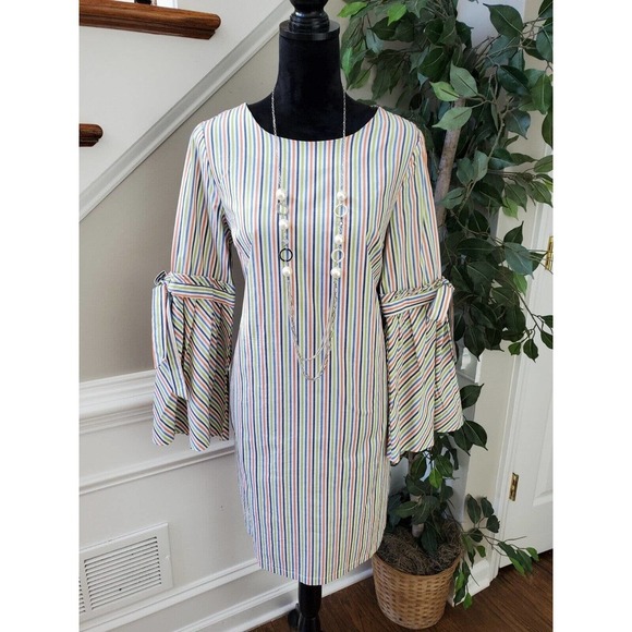 ICE Women's Striped Polyester Round Neck Long Sleeve Knee Length Dress Size 6 - Picture 1 of 12